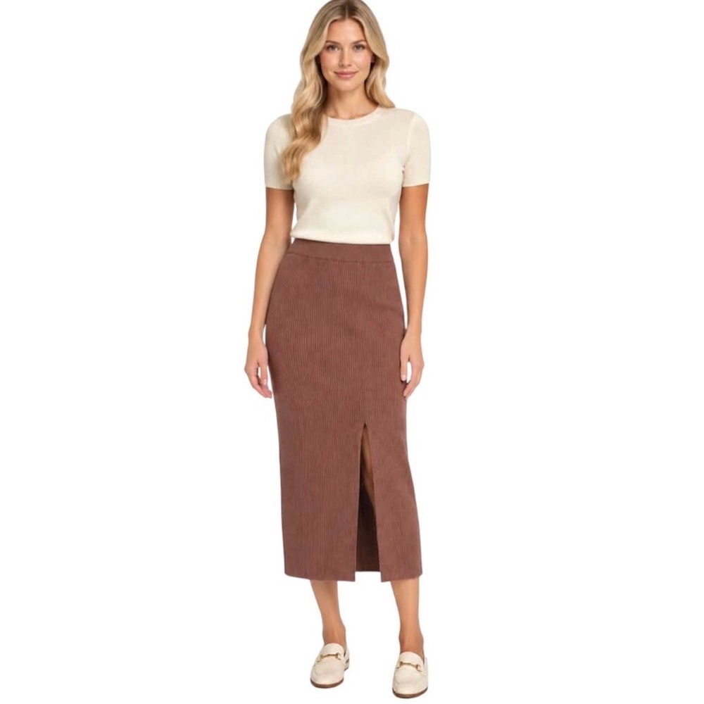 Petal And Pup Brown Ribbed Knit Pull On Midi Split Front Skirt Size Medium
